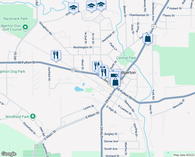 map of restaurants, bars, coffee shops, grocery stores, and more near 225 West Fulton Street in Edgerton