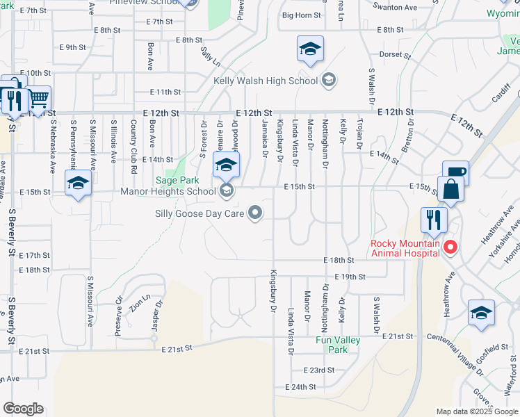 map of restaurants, bars, coffee shops, grocery stores, and more near 1590 Kingsbury Drive in Casper