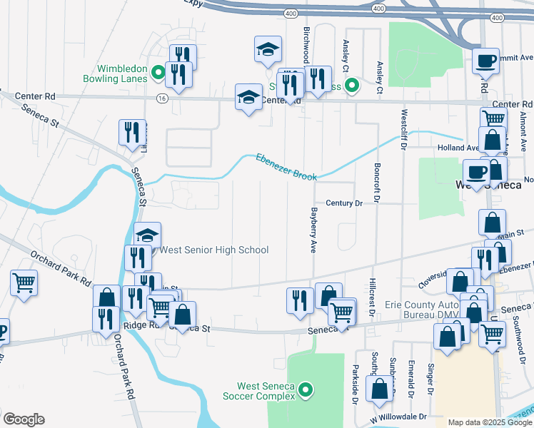 map of restaurants, bars, coffee shops, grocery stores, and more near 86 Woodlane Drive in Buffalo