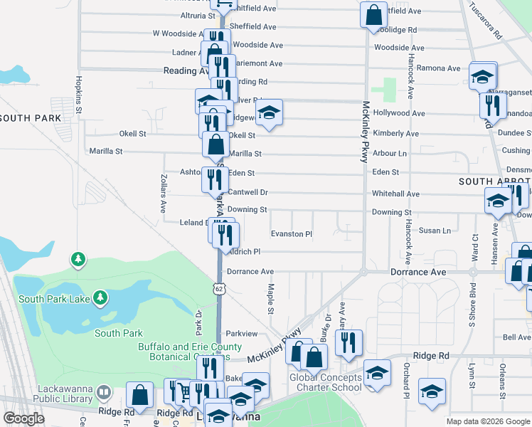 map of restaurants, bars, coffee shops, grocery stores, and more near 25 Sibley Street in Buffalo
