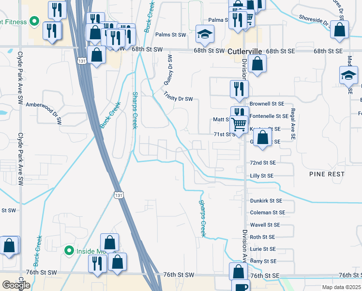 map of restaurants, bars, coffee shops, grocery stores, and more near 7283 Division Avenue South in Grand Rapids