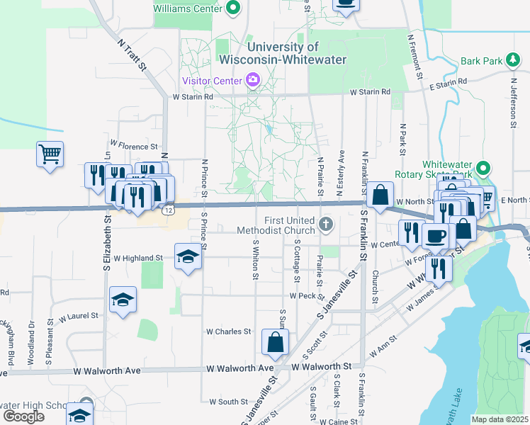 map of restaurants, bars, coffee shops, grocery stores, and more near 818 West Conger Street in Whitewater