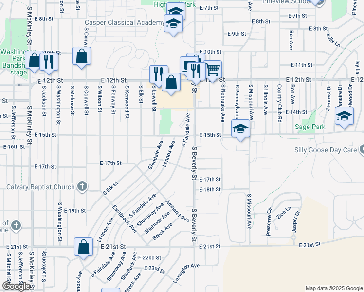map of restaurants, bars, coffee shops, grocery stores, and more near 1631 South Fairdale Avenue in Casper