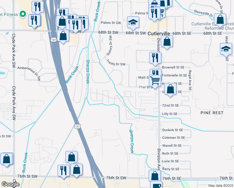 map of restaurants, bars, coffee shops, grocery stores, and more near 7283 Division Avenue South in Grand Rapids