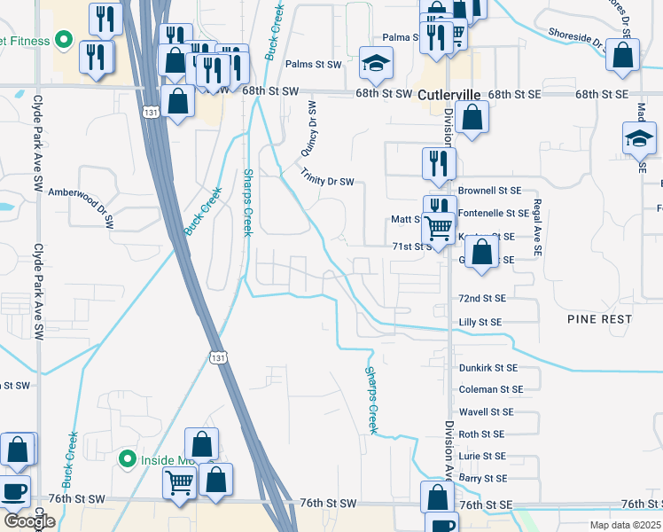 map of restaurants, bars, coffee shops, grocery stores, and more near 7283 Division Avenue South in Grand Rapids