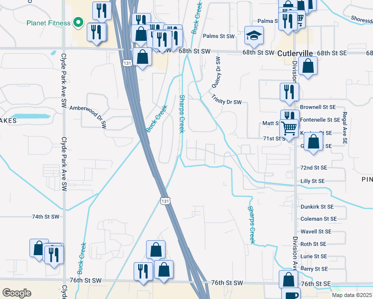 map of restaurants, bars, coffee shops, grocery stores, and more near 7132 Prestonburg Drive Southwest in Grand Rapids