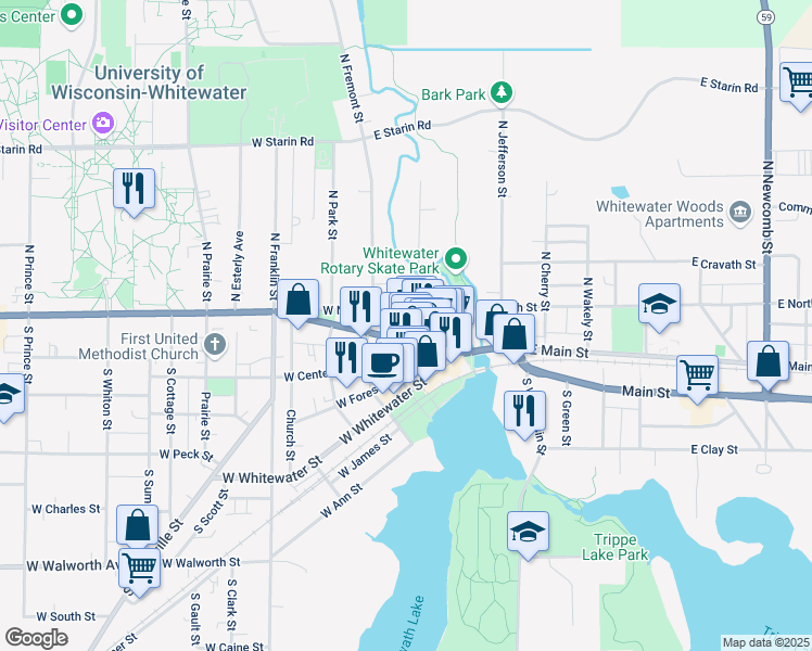 map of restaurants, bars, coffee shops, grocery stores, and more near in Whitewater