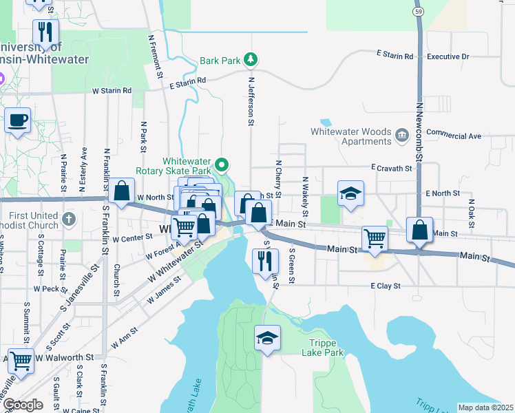 map of restaurants, bars, coffee shops, grocery stores, and more near 210 Main Street in Whitewater
