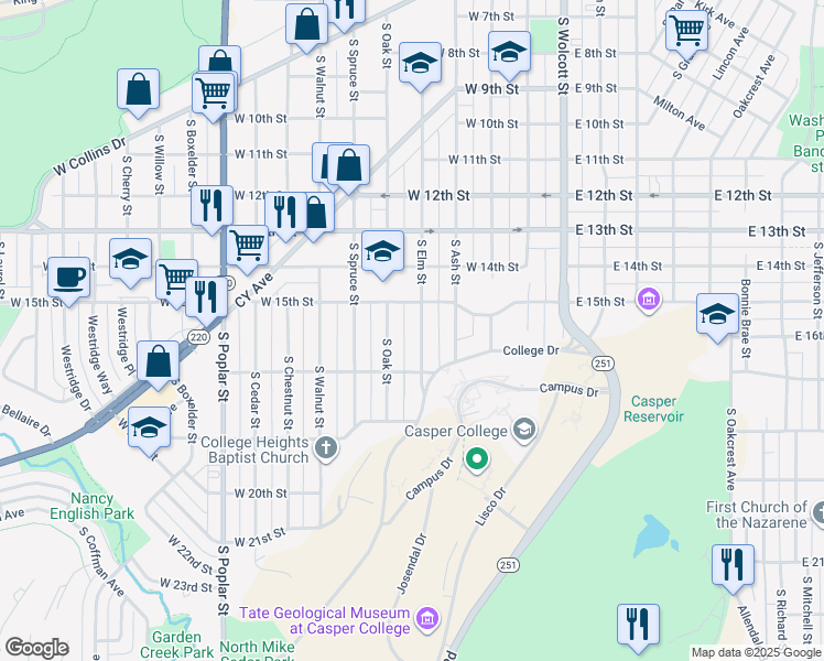 map of restaurants, bars, coffee shops, grocery stores, and more near in Casper
