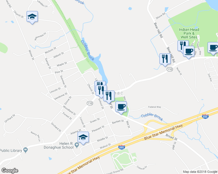 map of restaurants, bars, coffee shops, grocery stores, and more near 16 East Main Street in Merrimac
