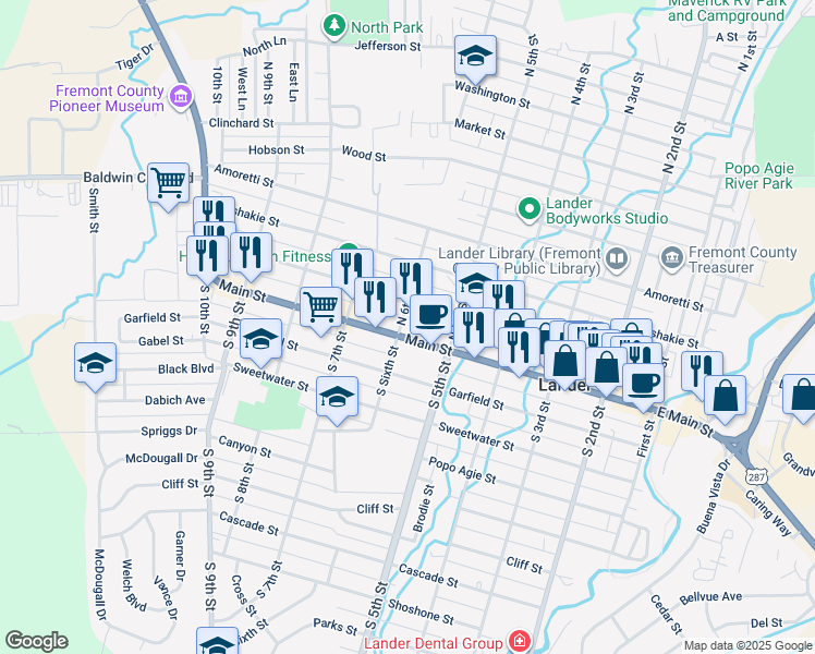 map of restaurants, bars, coffee shops, grocery stores, and more near 555 Main St in Lander