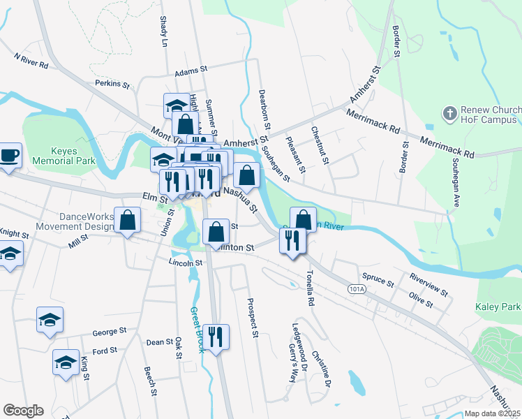 map of restaurants, bars, coffee shops, grocery stores, and more near 28 High Street in Milford