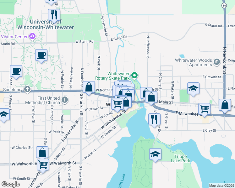 map of restaurants, bars, coffee shops, grocery stores, and more near in Whitewater