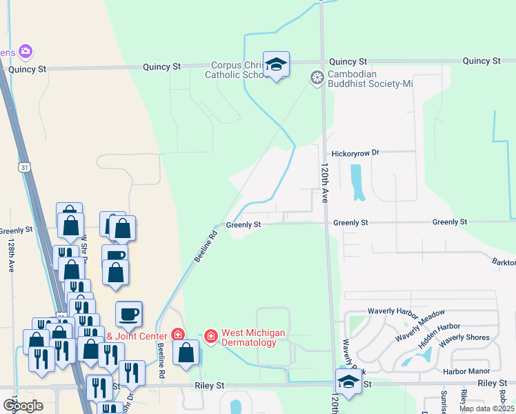 map of restaurants, bars, coffee shops, grocery stores, and more near 12169 Northpointe Lane in Holland