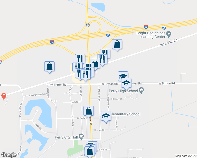 map of restaurants, bars, coffee shops, grocery stores, and more near 2884 West Britton Road in Perry