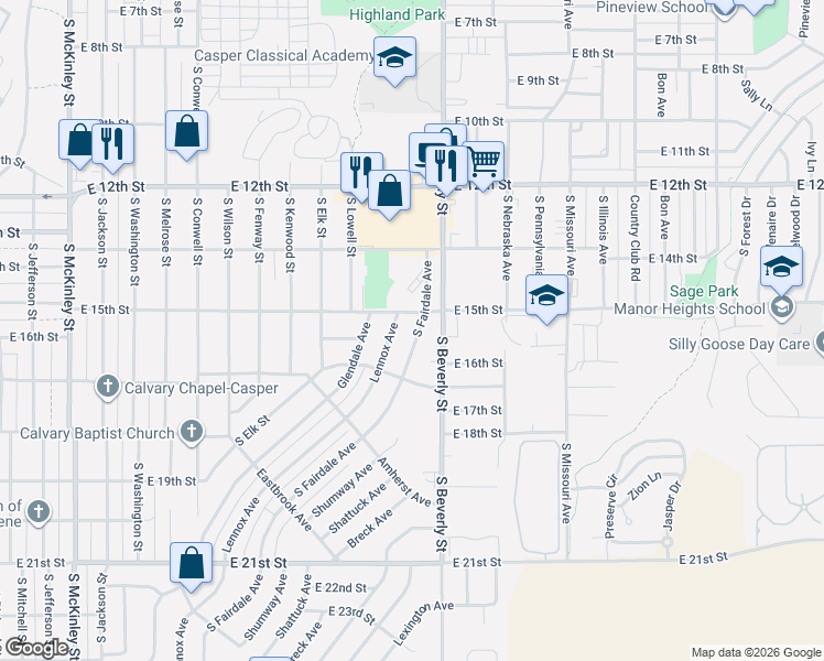 map of restaurants, bars, coffee shops, grocery stores, and more near 1631 South Fairdale Avenue in Casper