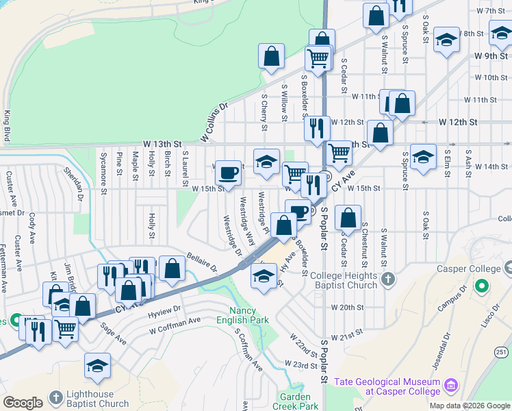 map of restaurants, bars, coffee shops, grocery stores, and more near 1500-1648 Westridge Pl in Casper
