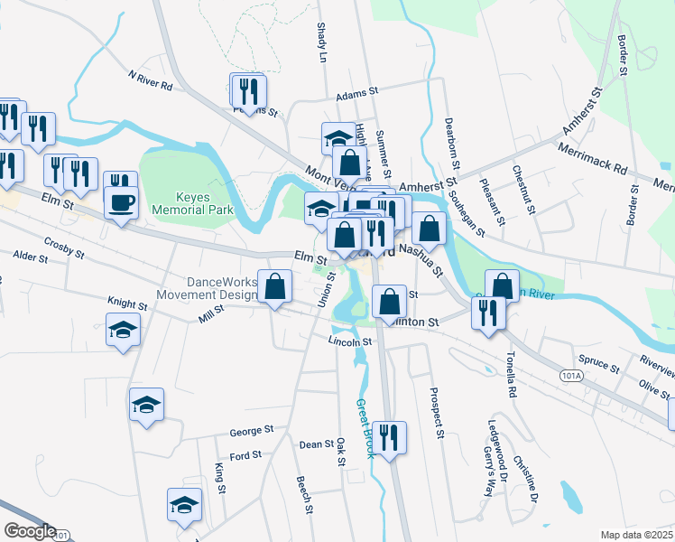 map of restaurants, bars, coffee shops, grocery stores, and more near 4 Union Street in Milford