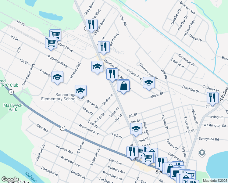 map of restaurants, bars, coffee shops, grocery stores, and more near 180 Sacandaga Road in Scotia