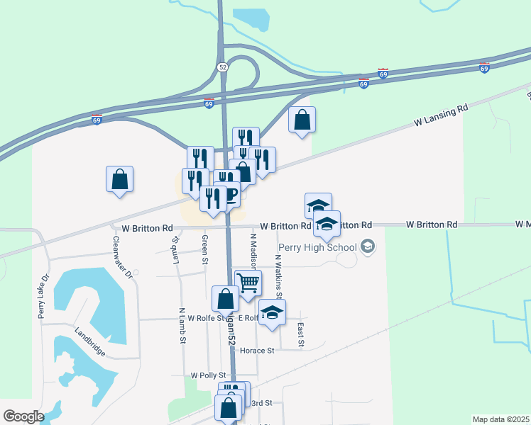 map of restaurants, bars, coffee shops, grocery stores, and more near 2890 West Britton Road in Perry