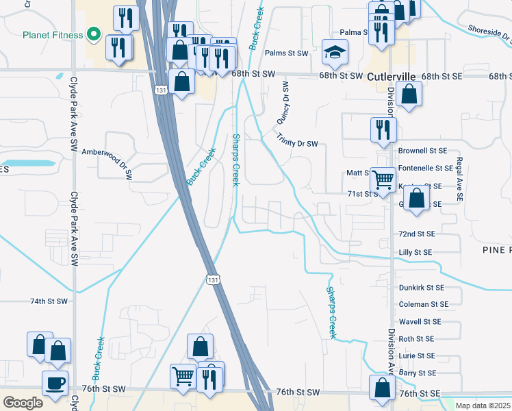 map of restaurants, bars, coffee shops, grocery stores, and more near 7148 Nottingham Avenue Southwest in Grand Rapids