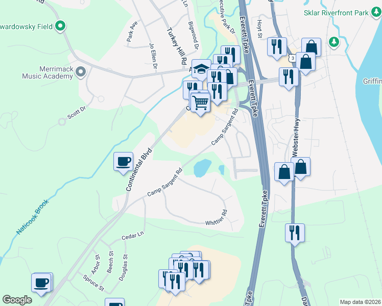 map of restaurants, bars, coffee shops, grocery stores, and more near 21 Camp Sargent Road in Merrimack