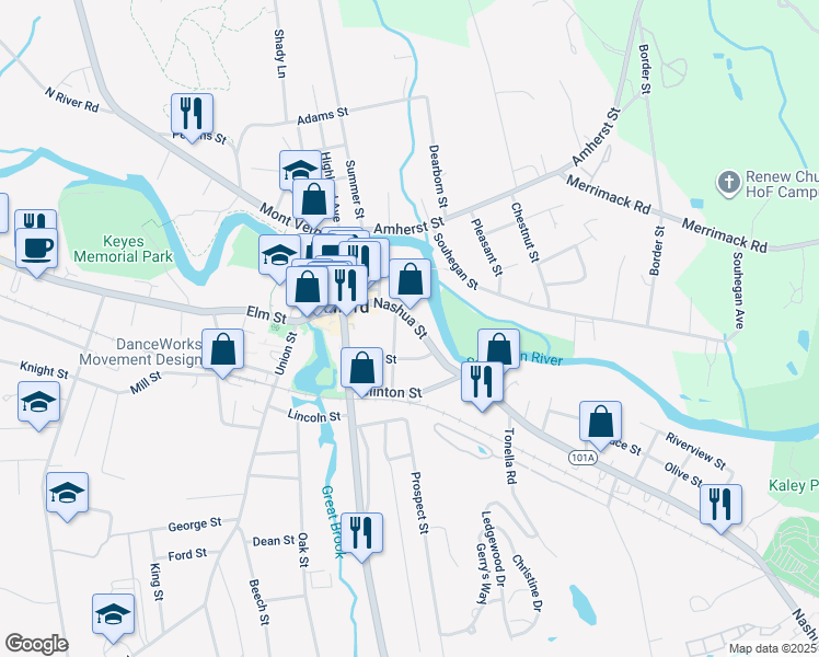 map of restaurants, bars, coffee shops, grocery stores, and more near 142 Nashua Street in Milford