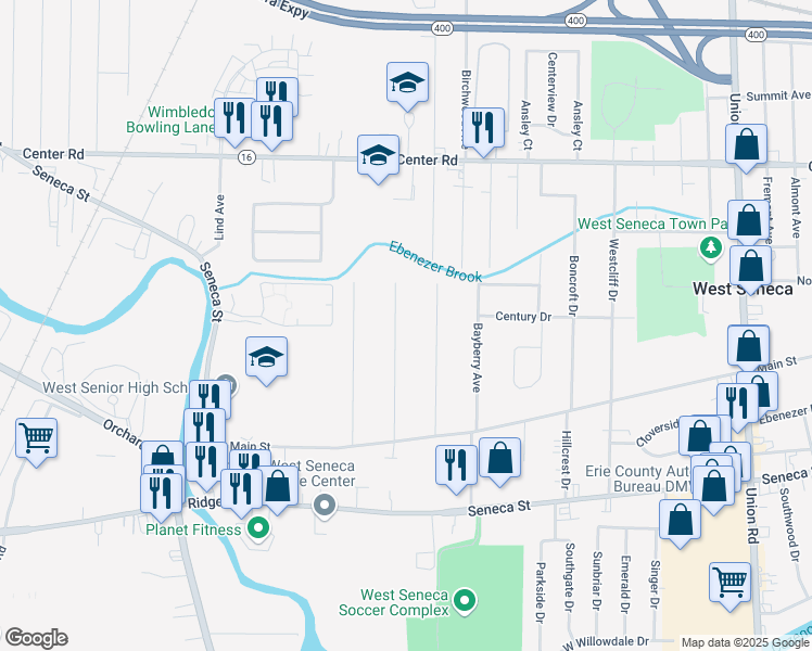 map of restaurants, bars, coffee shops, grocery stores, and more near 136 Woodlane Drive in Buffalo