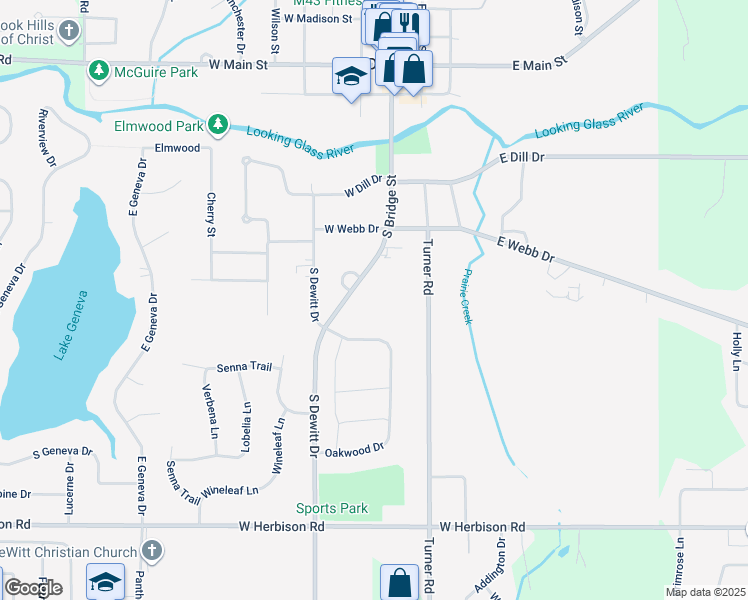 map of restaurants, bars, coffee shops, grocery stores, and more near 880 South Bridge Street in DeWitt