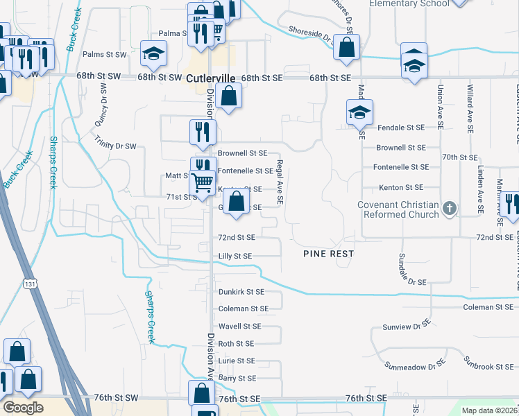 map of restaurants, bars, coffee shops, grocery stores, and more near 140 Kenton Street Southeast in Grand Rapids