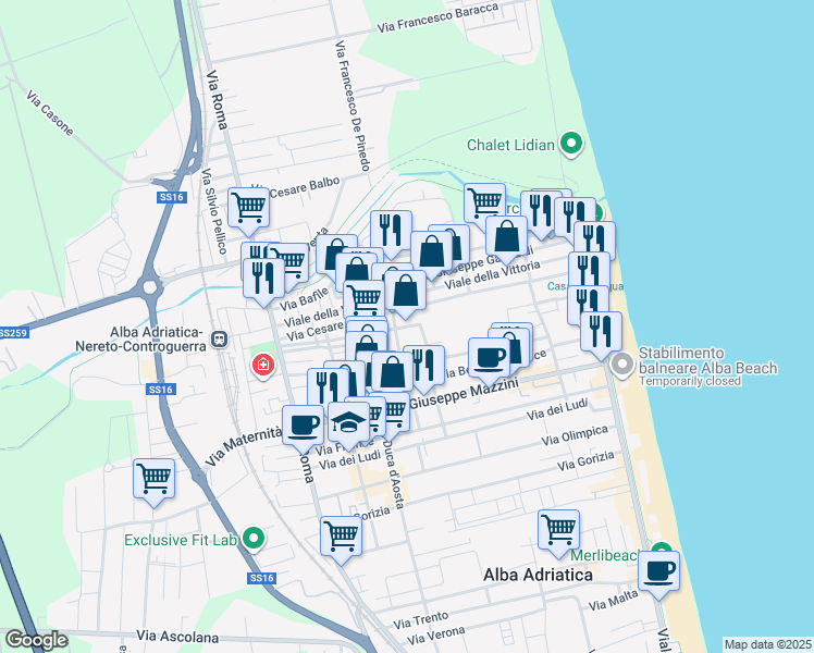 map of restaurants, bars, coffee shops, grocery stores, and more near 80 Via Cesare Battisti in Alba Adriatica