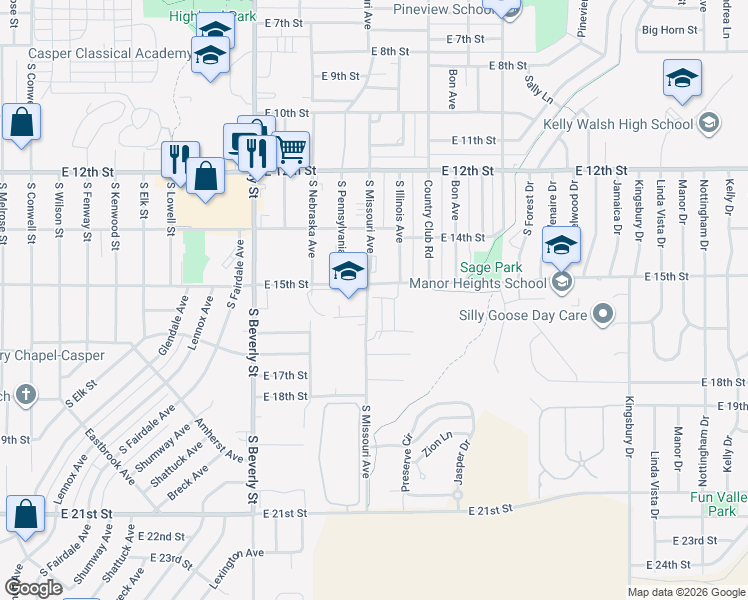 map of restaurants, bars, coffee shops, grocery stores, and more near 1491 South Missouri Avenue in Casper