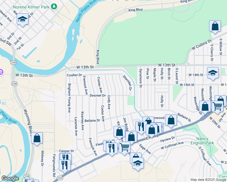 map of restaurants, bars, coffee shops, grocery stores, and more near 1454 Kit Carson Avenue in Casper