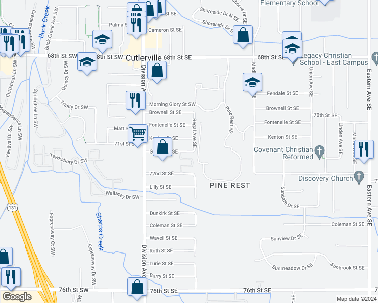 map of restaurants, bars, coffee shops, grocery stores, and more near 139 Gaines Street Southeast in Grand Rapids