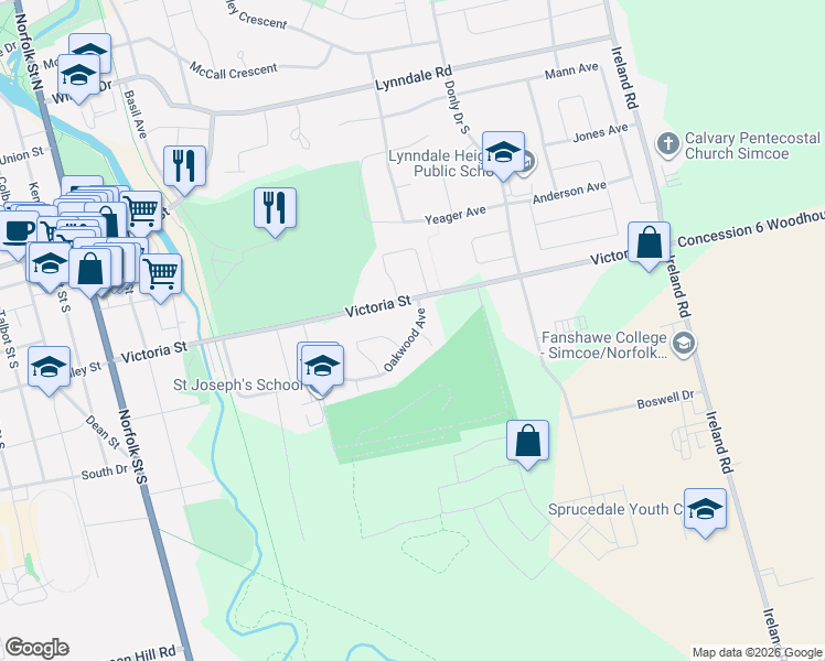 map of restaurants, bars, coffee shops, grocery stores, and more near 106 Oakwood Avenue in Simcoe