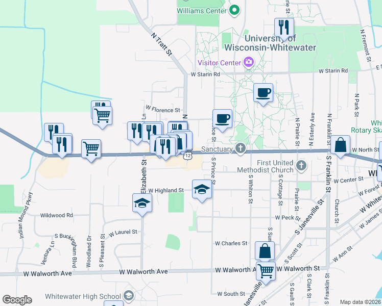 map of restaurants, bars, coffee shops, grocery stores, and more near West Main Street in Whitewater