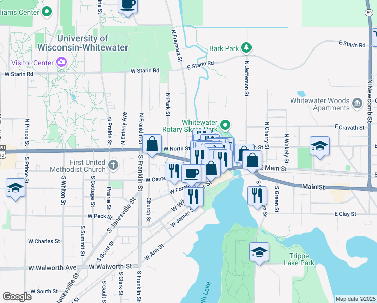 map of restaurants, bars, coffee shops, grocery stores, and more near 130 North Fremont Street in Whitewater