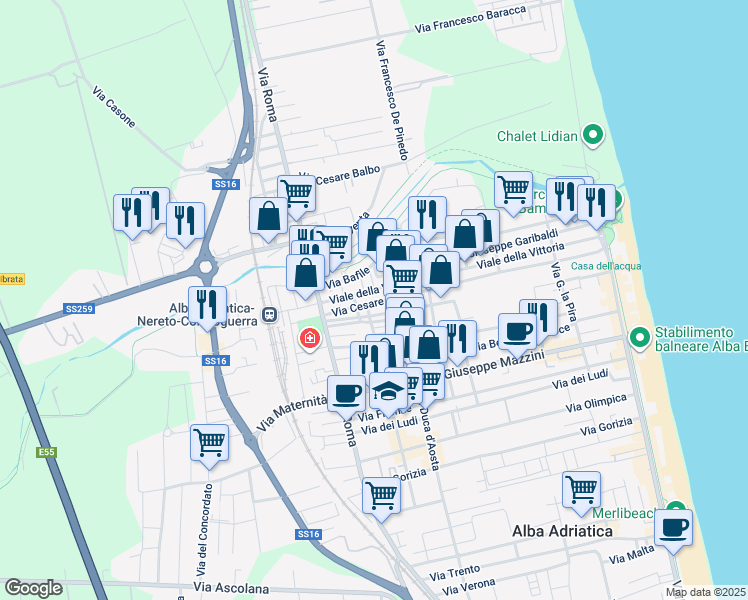 map of restaurants, bars, coffee shops, grocery stores, and more near 4 Via Nazario Sauro in Alba Adriatica