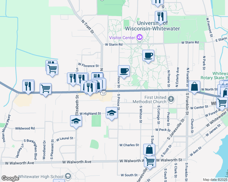 map of restaurants, bars, coffee shops, grocery stores, and more near West Main Street in Whitewater