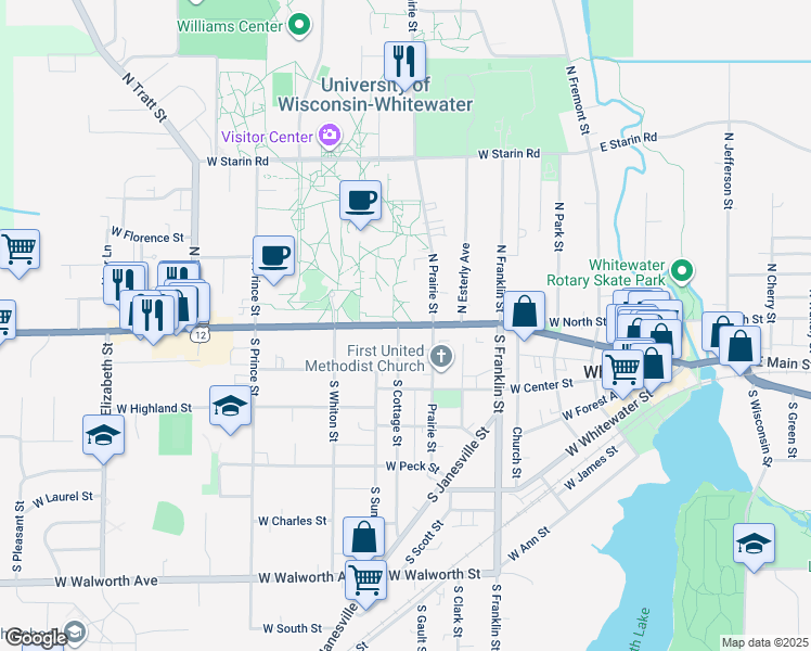 map of restaurants, bars, coffee shops, grocery stores, and more near 747 West Main Street in Whitewater