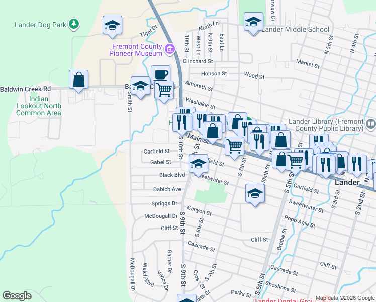 map of restaurants, bars, coffee shops, grocery stores, and more near 933 Main Street in Lander