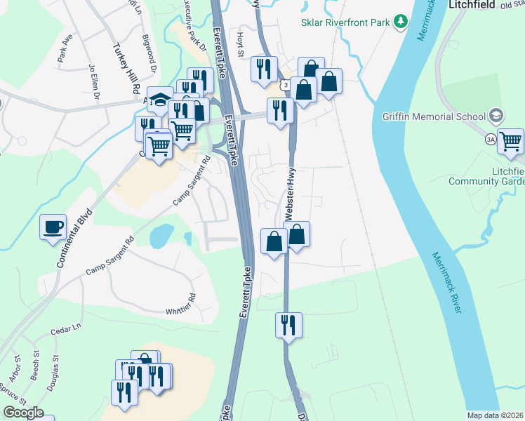 map of restaurants, bars, coffee shops, grocery stores, and more near 75 Gunstock Ridge in Merrimack