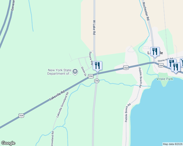 map of restaurants, bars, coffee shops, grocery stores, and more near 3484 Sonora Way in Geneseo