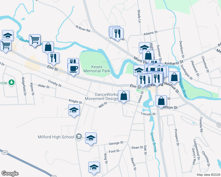 map of restaurants, bars, coffee shops, grocery stores, and more near 1958 Keyes Field Access in Milford