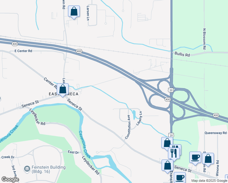 map of restaurants, bars, coffee shops, grocery stores, and more near 347 Bullis Road in Buffalo