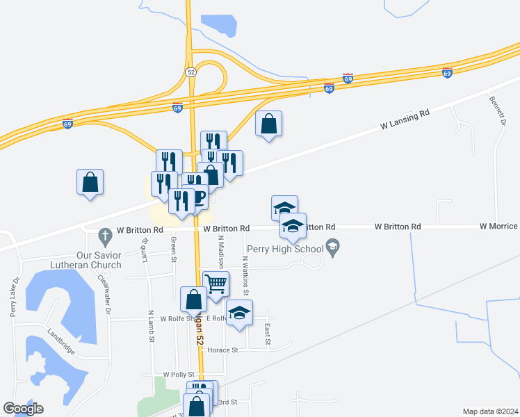 map of restaurants, bars, coffee shops, grocery stores, and more near 2844 West Britton Road in Perry