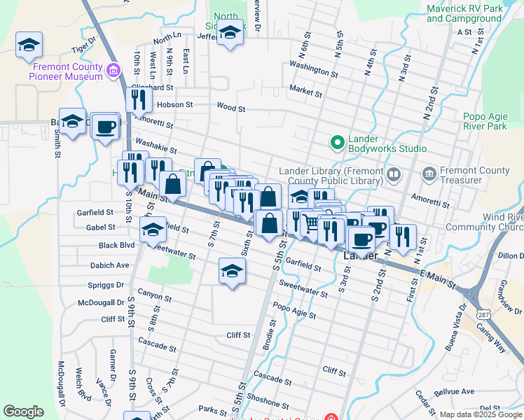 map of restaurants, bars, coffee shops, grocery stores, and more near 590 Lincoln St in Lander