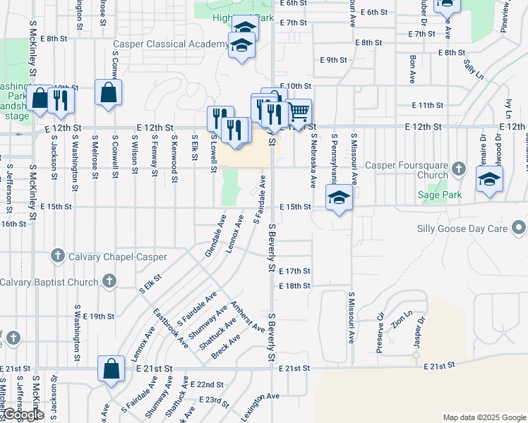 map of restaurants, bars, coffee shops, grocery stores, and more near 1400 South Fairdale Avenue in Casper