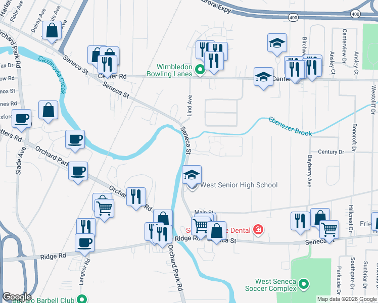 map of restaurants, bars, coffee shops, grocery stores, and more near 3284 Seneca Street in Buffalo