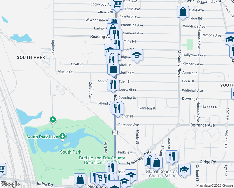 map of restaurants, bars, coffee shops, grocery stores, and more near 2332 South Park Avenue in Buffalo